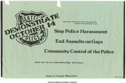 A light green flyer reading, "Stop Sexual Harassment. End Assault on Gays. Community Control of the Police.