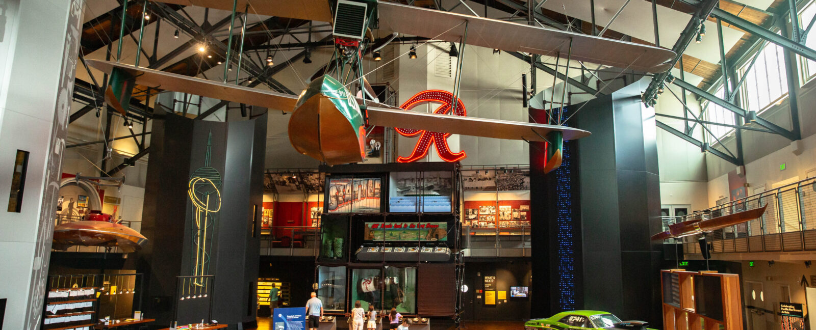 Interior of MOHAI Grand Atrium showing Boeing B-1 and the Rainier "R".