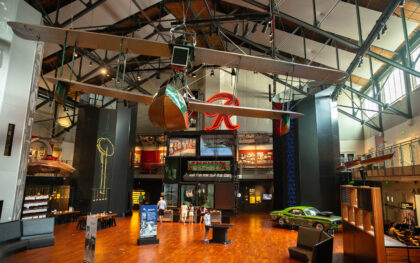 Interior of MOHAI Grand Atrium showing Boeing B-1 and the Rainier "R".