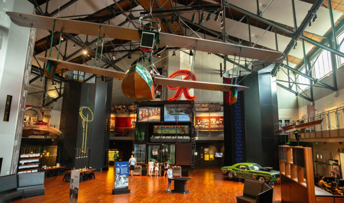 Interior of MOHAI Grand Atrium showing Boeing B-1 and the Rainier 