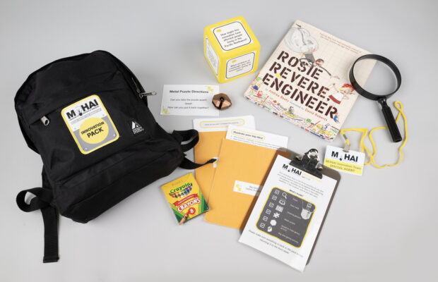 MOHAI Innovation Pack with Rosie Revere Engineer book, crayons, two keys, other activities.