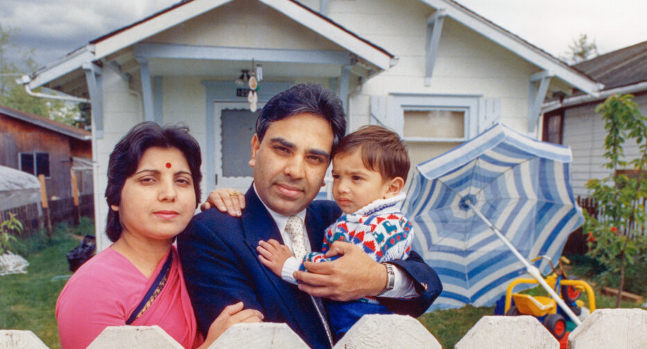 Anu, Harish, and Manu Bharti pose outside their home in North Seattle in 1990.