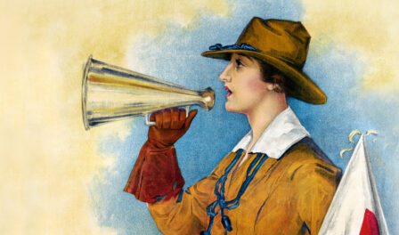 Drawing of woman speaking through hand-held WW1 era megaphone. She is facing to your left.