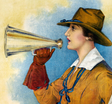 Drawing of woman speaking through hand-held WW1 era megaphone. She is facing to your left.