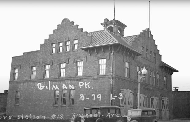 Historic black and white photo of exterior of the Firehouse #18 located in Seattle's Ballard neighborhood.