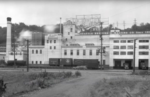 Historic black and white photo of the Rainer Beer brewing facility in Seattle, WA.