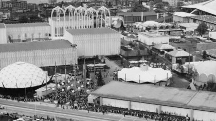 An aerial view (from the east) of crowds waiting to enter Seattle World's Fair in 1962.