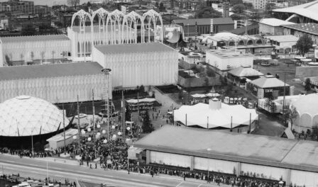 An aerial view (from the east) of crowds waiting to enter Seattle World's Fair in 1962.