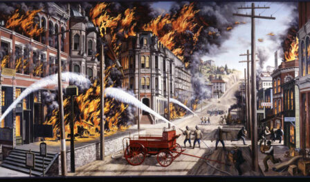 A mural of the Great Seattle Fire painted by Rudolph Zallinger.