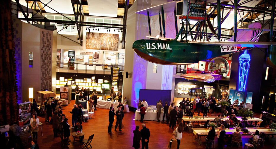 The Faye G. Allen Grand Atrium set up with chef stations.