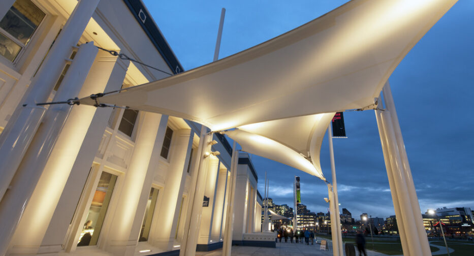 The Boeing Centennial Terrace at dusk.