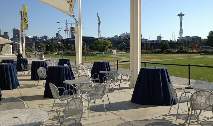 The Boeing Centennial Terrace set up with tables.