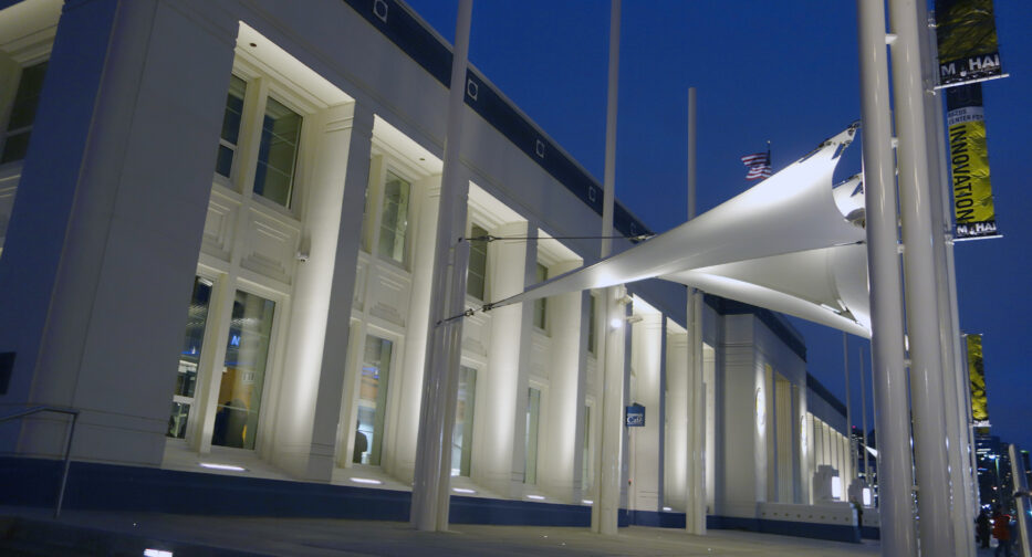 The Boeing Centennial Terrace at night.
