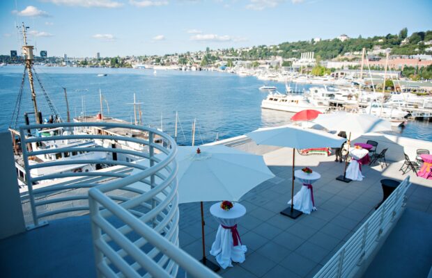 The Stack Family Lakeview Terrace with high boy tables.