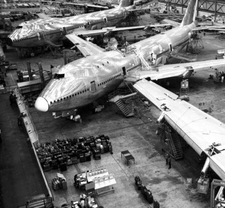 A section of the Boeing Flight Path showing other ventures the company's employees have taken on. Multiple airplanes in construction are shown.
