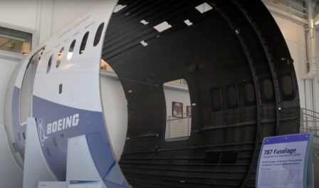 The fuselage from a Boeing 787 commercial jet on display at the Museum of Flight in Seattle, WA.