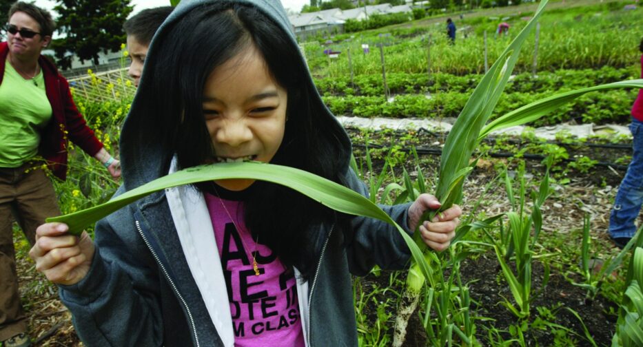 A child takes a bite out of a leek at Marra Farm.