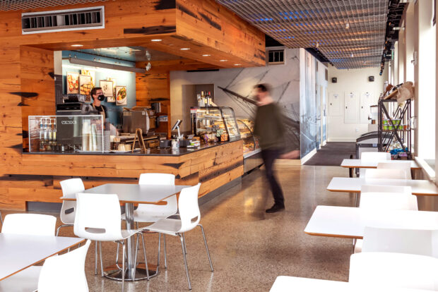 A person approaching Goumondo ordering counter at MOHAI.