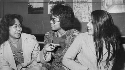 In this image Franklin High School students Lucita Villar, right, and Laarni Fernado, left, discuss with Eligio "Joey" Fernando IV, Laarni's brother and a Mercer Junior High School student, their experiences as the children of parents born in the Philippines.