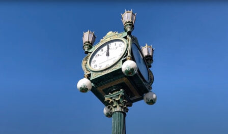 Carroll's Clock against blue sky.