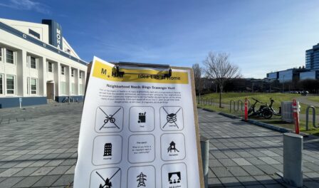 Idea Lab worksheet on clipboard outside MOHAI reading, 