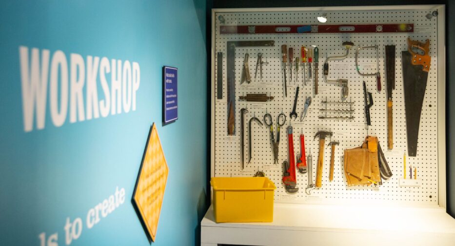 Tools hang on the wall in the Kid-Struction Zone Exhibit at MOHAI.