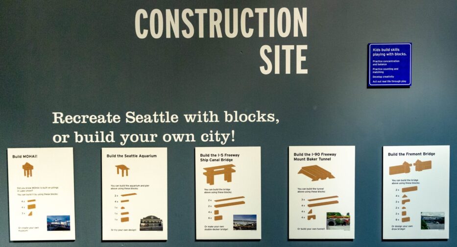 Creative block building instructions in the Kid-Struction Zone Exhibit at MOHAI.