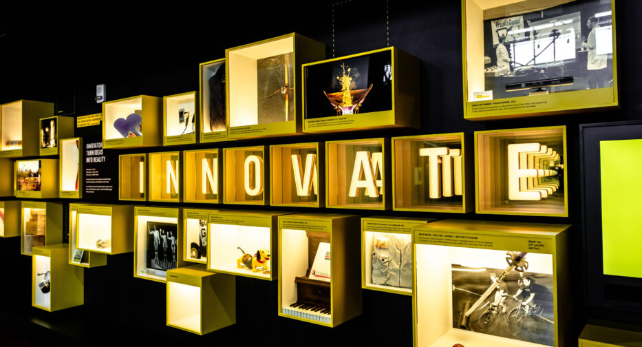 The Wall of Innovation, highlighting various Puget Sound companies' inventions and products at the Bezos Center for Innovation Exhibit at MOHAI.