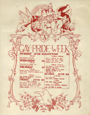 A historic Seattle Gay Pride Week agenda, circa 1974.