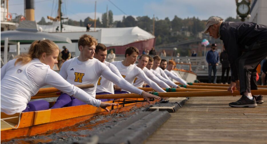 The University of Washington Men's Crew Team landing the Husky Challenger at Lake Union Park in Downtown Seattle.