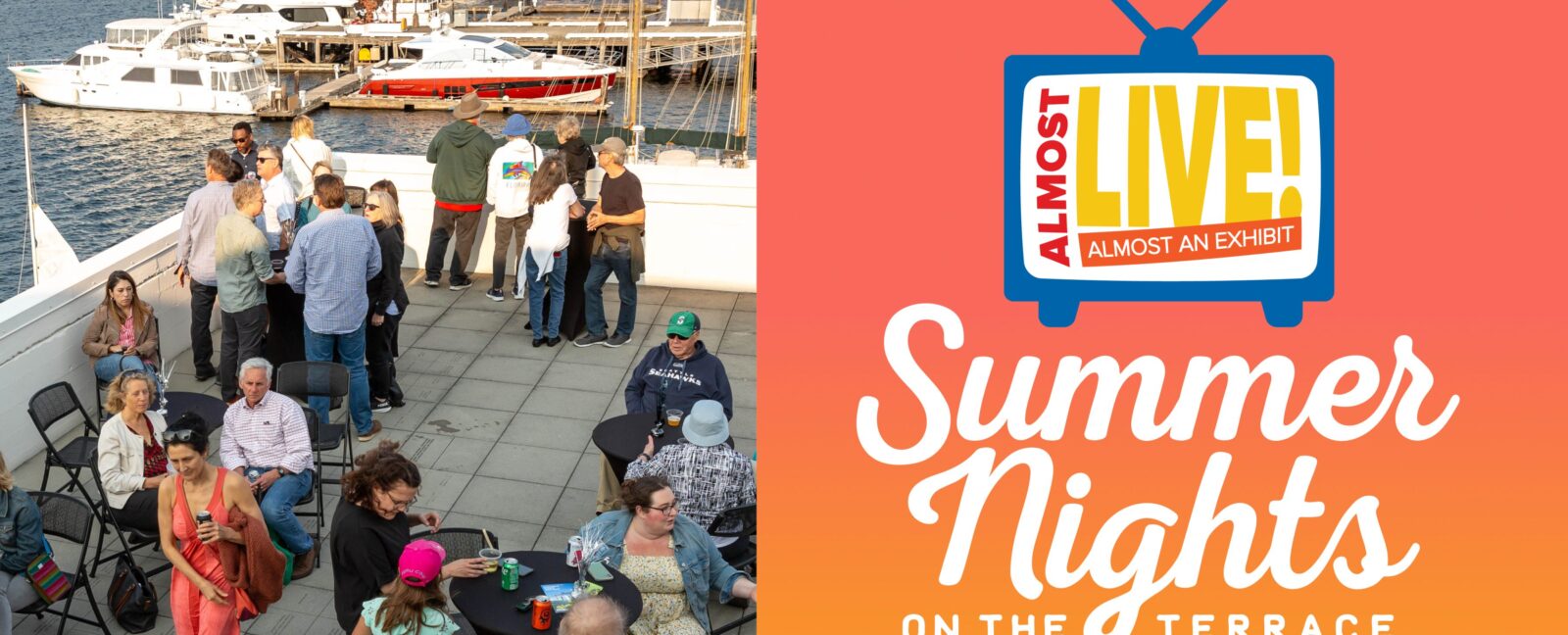 Two Summer Nights on the Terrace attendees converse with Lake Union in the background.