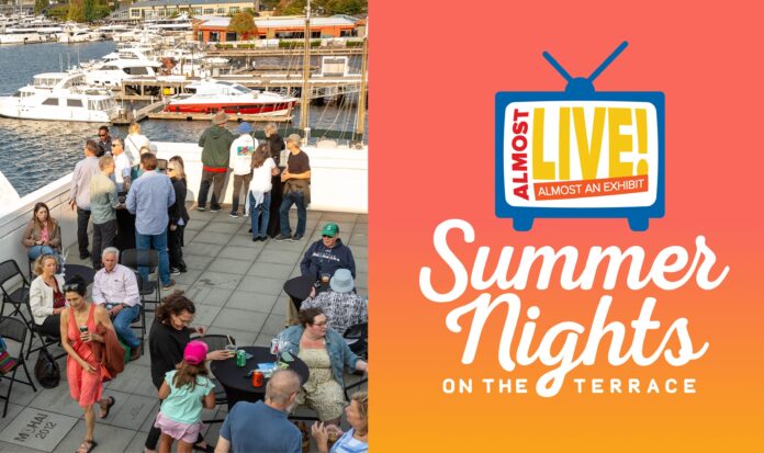 Two Summer Nights on the Terrace attendees converse with Lake Union in the background.