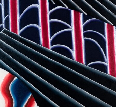 Abstract art composed of red, blue, and white straight and curved lines.