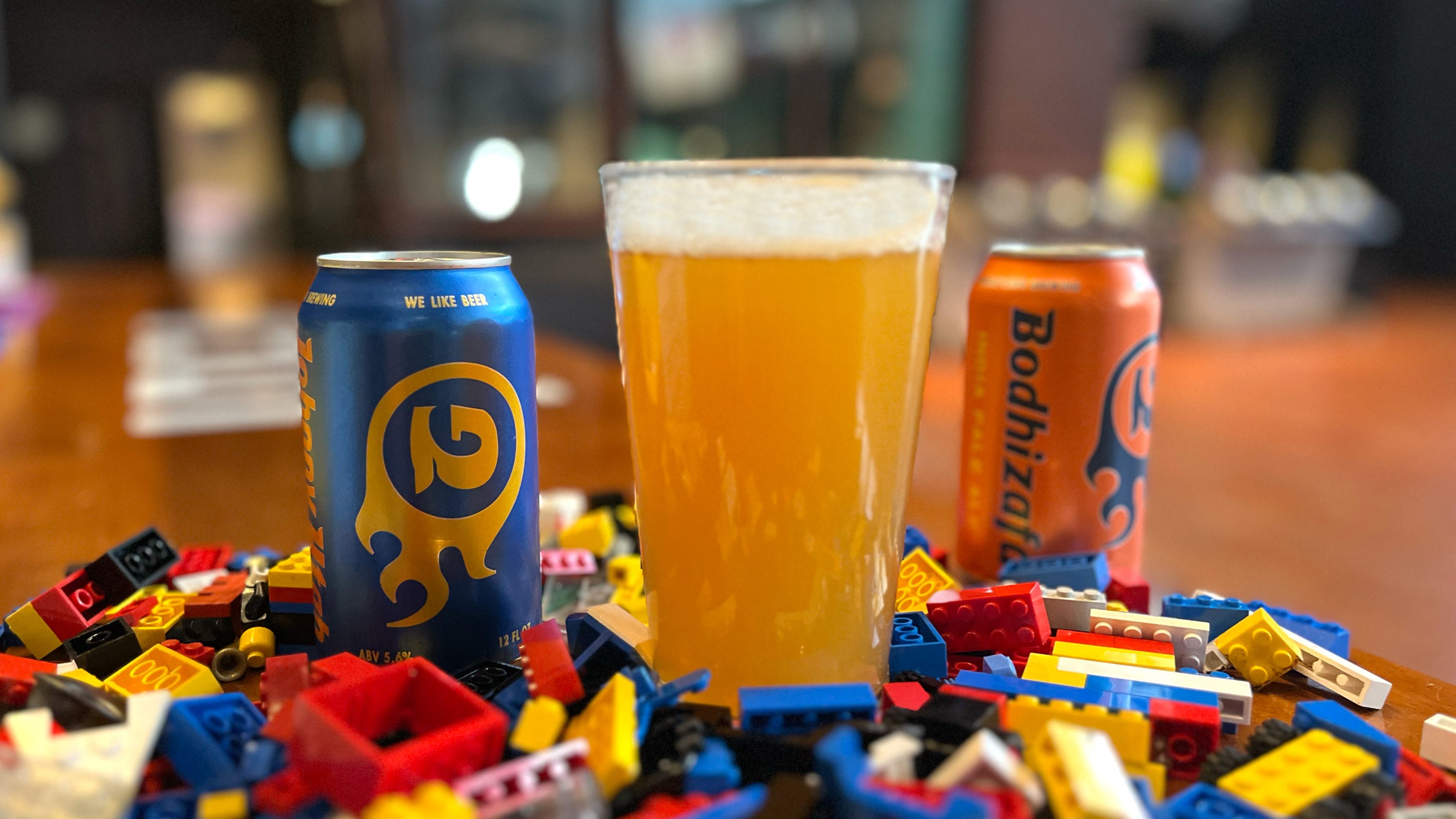 Georgetown Brewing beer nestled among colorful LEGO bricks.