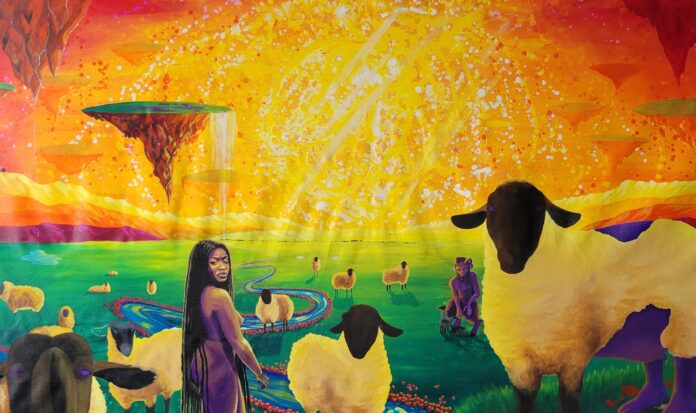 Mary's Lamb painting showing woman and sheep by Aramis O. Hamer
