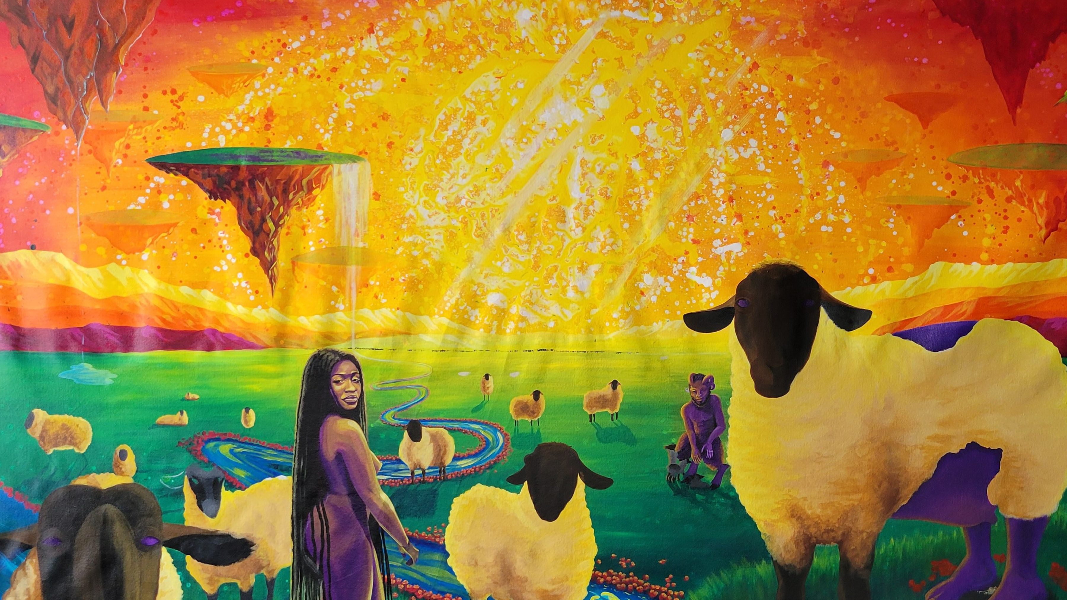 Mary's Lamb painting showing woman and sheep by Aramis O. Hamer
