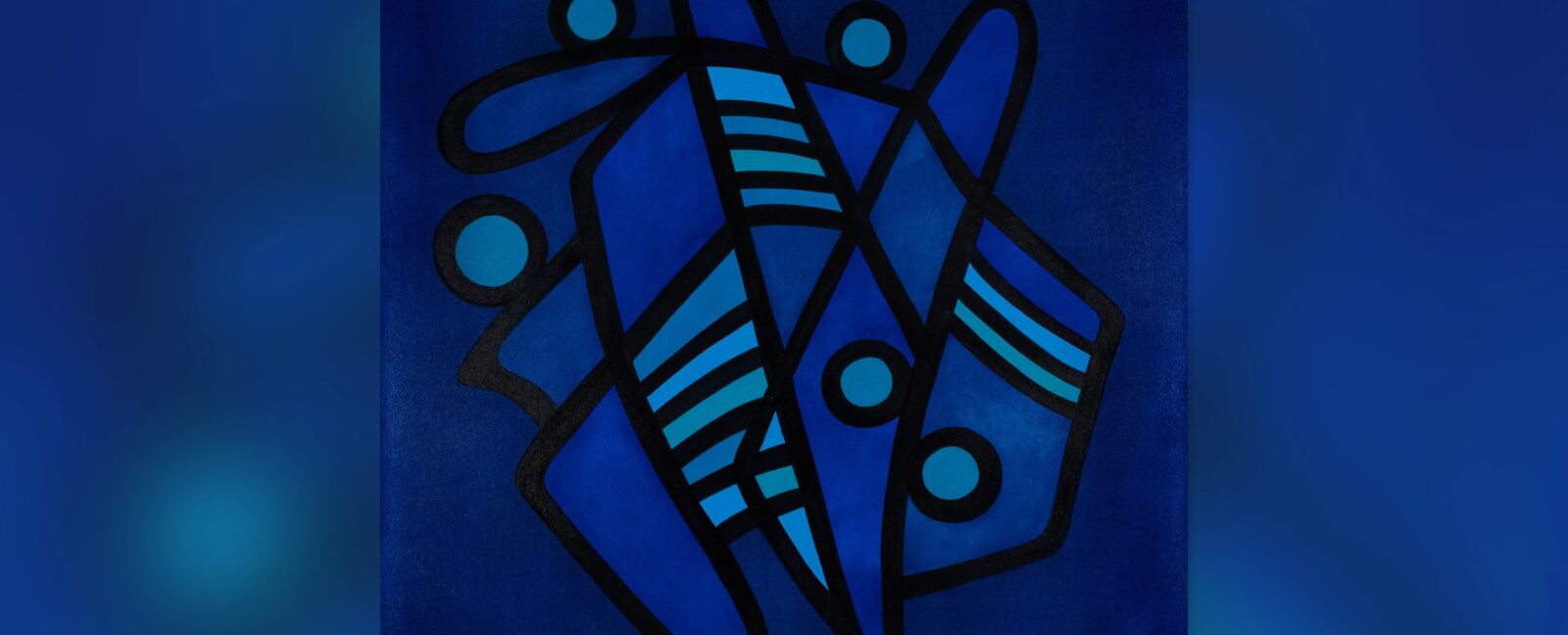Abstract art with multiple shades of blue with black lines.