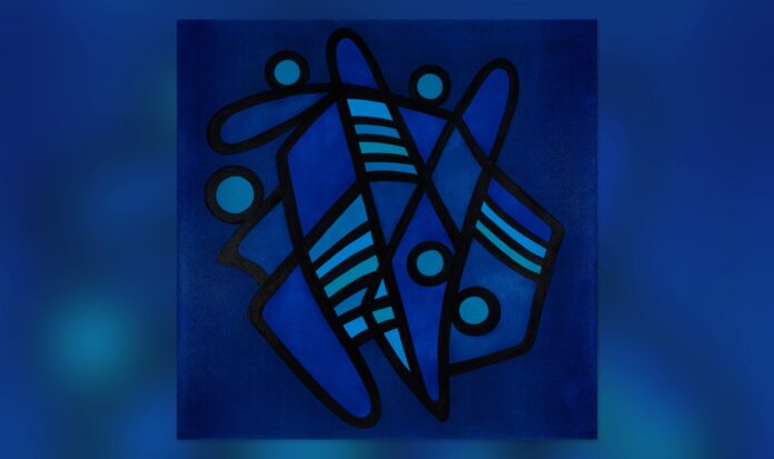 Abstract art with multiple shades of blue with black lines.