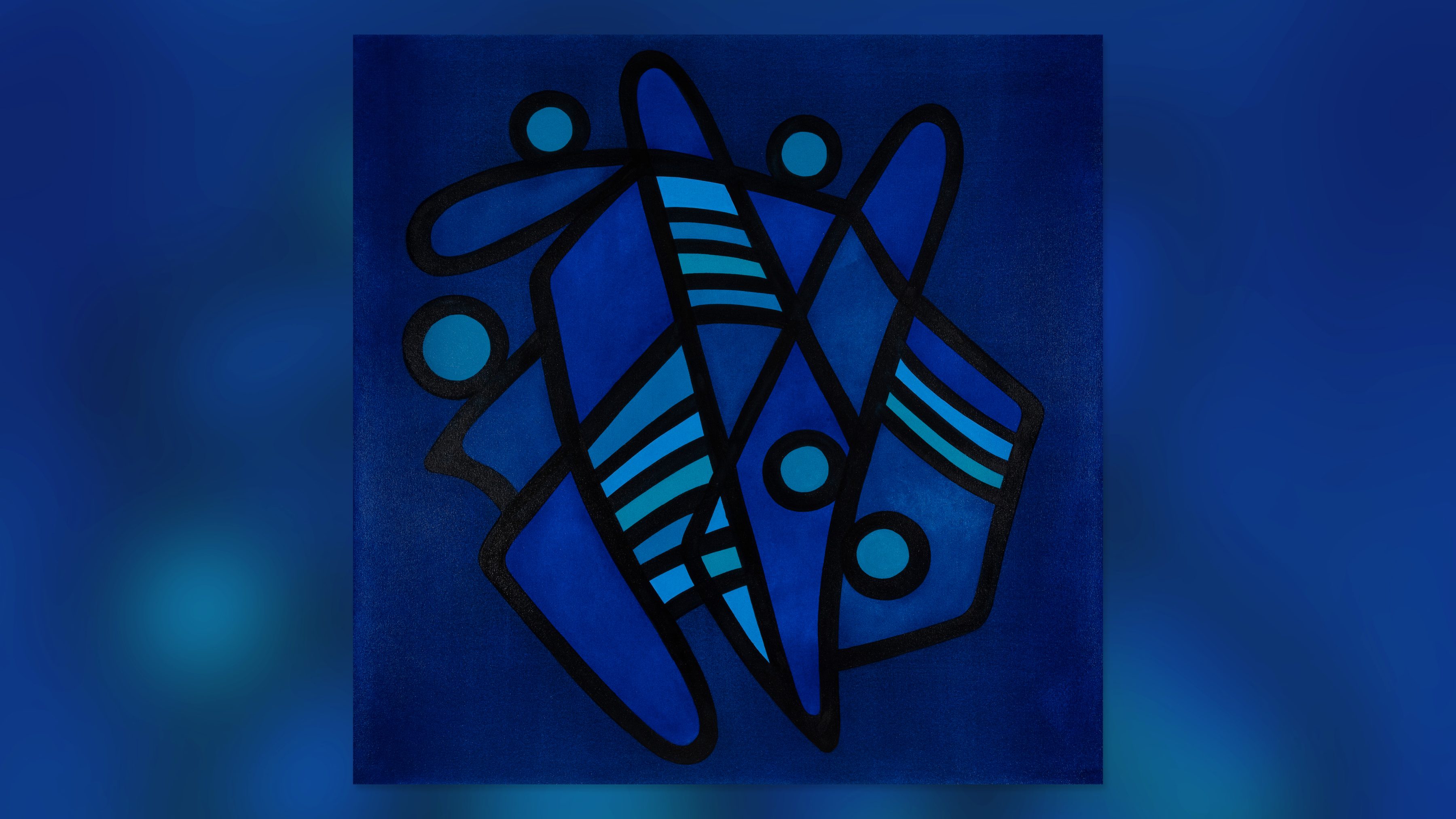Abstract art with multiple shades of blue with black lines.