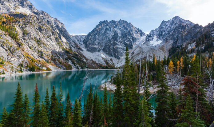 A blue lake surrounded by lush green grass