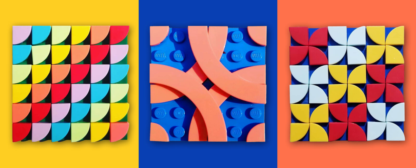 Three colorful quilt squares developed with LEGO bricks.