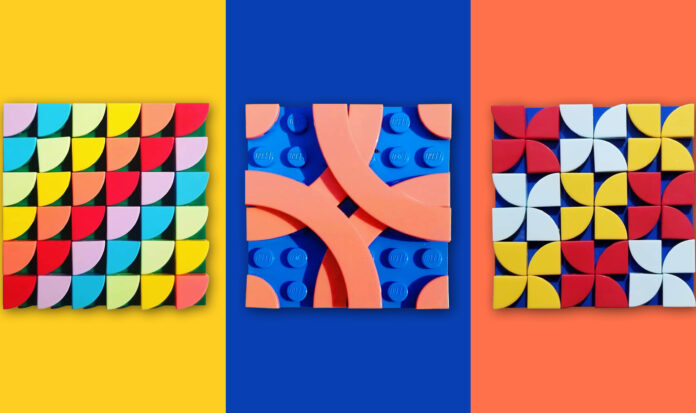 Three colorful quilt squares developed with LEGO bricks.