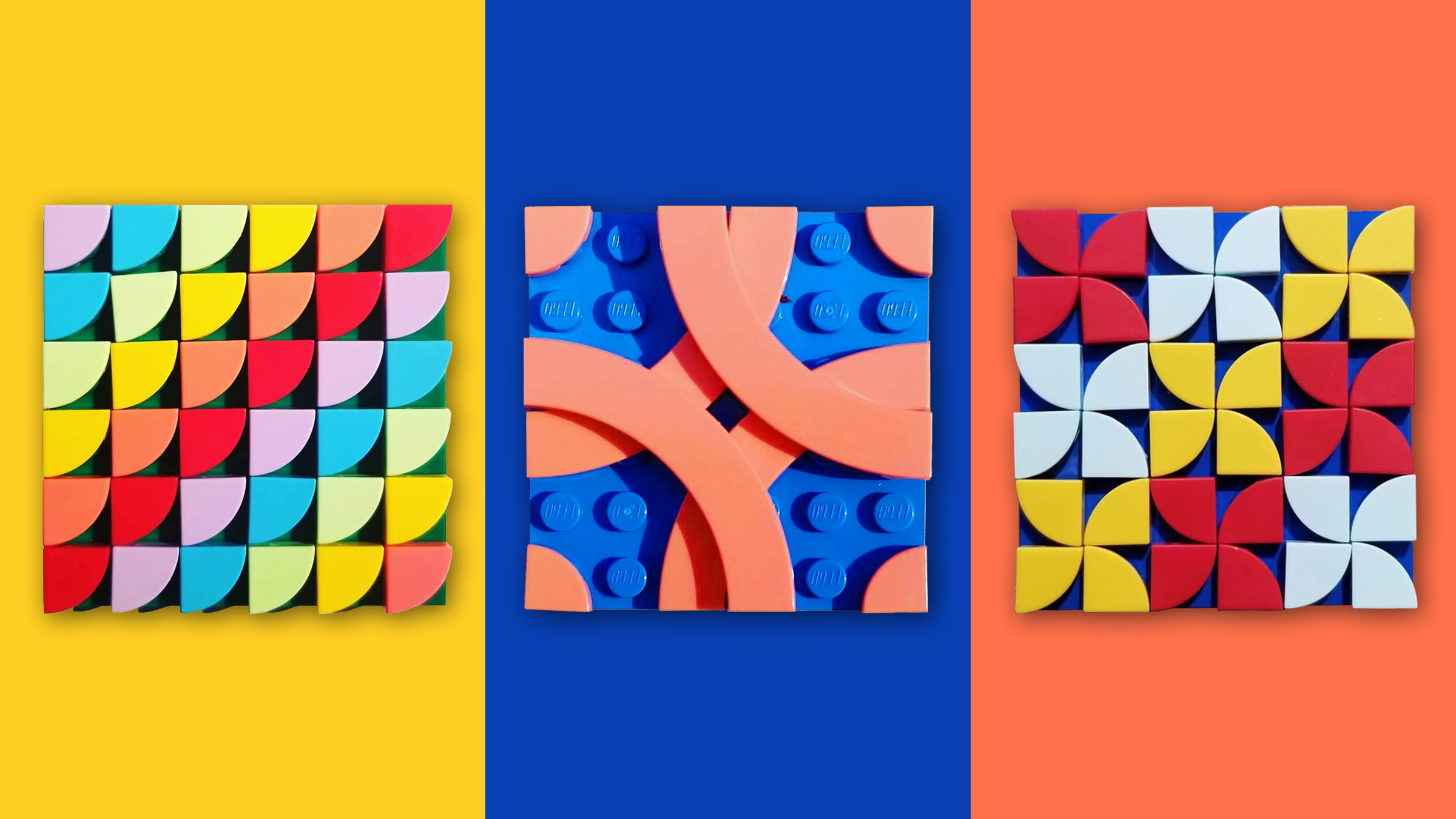 Three colorful quilt squares developed with LEGO bricks.
