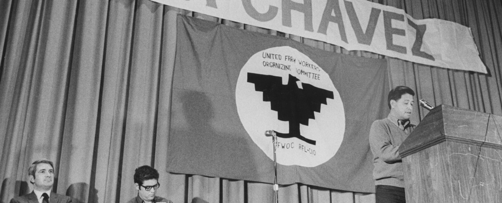 Person standing at a podium with a microphone in from of a "VIVA CHAVEZ" sign and a United Farm Workers Organizing Committee sign.