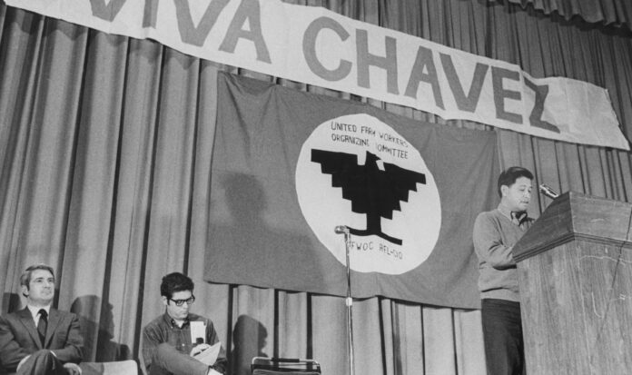 Person standing at a podium with a microphone in from of a "VIVA CHAVEZ" sign and a United Farm Workers Organizing Committee sign.