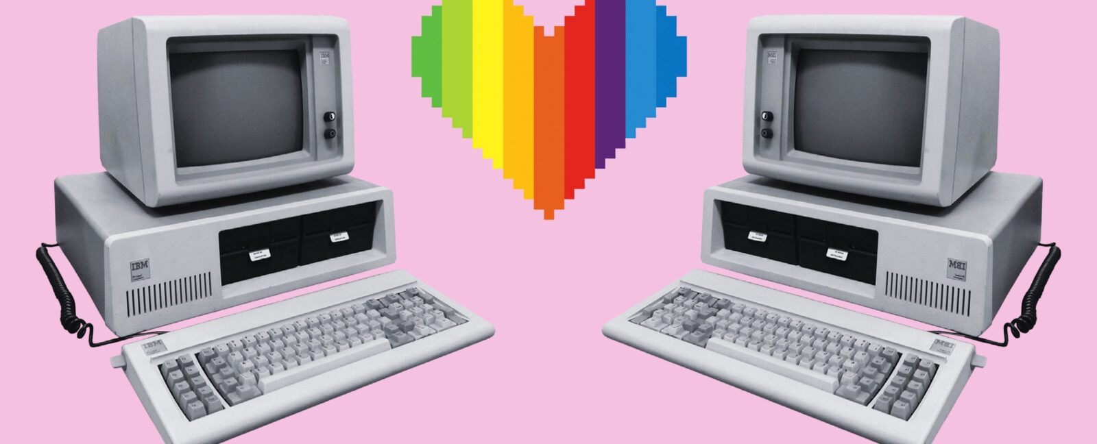 Historic IBM PC adjacent to a pixelated rainbow heart.