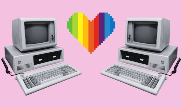 Historic IBM PC adjacent to a pixelated rainbow heart.