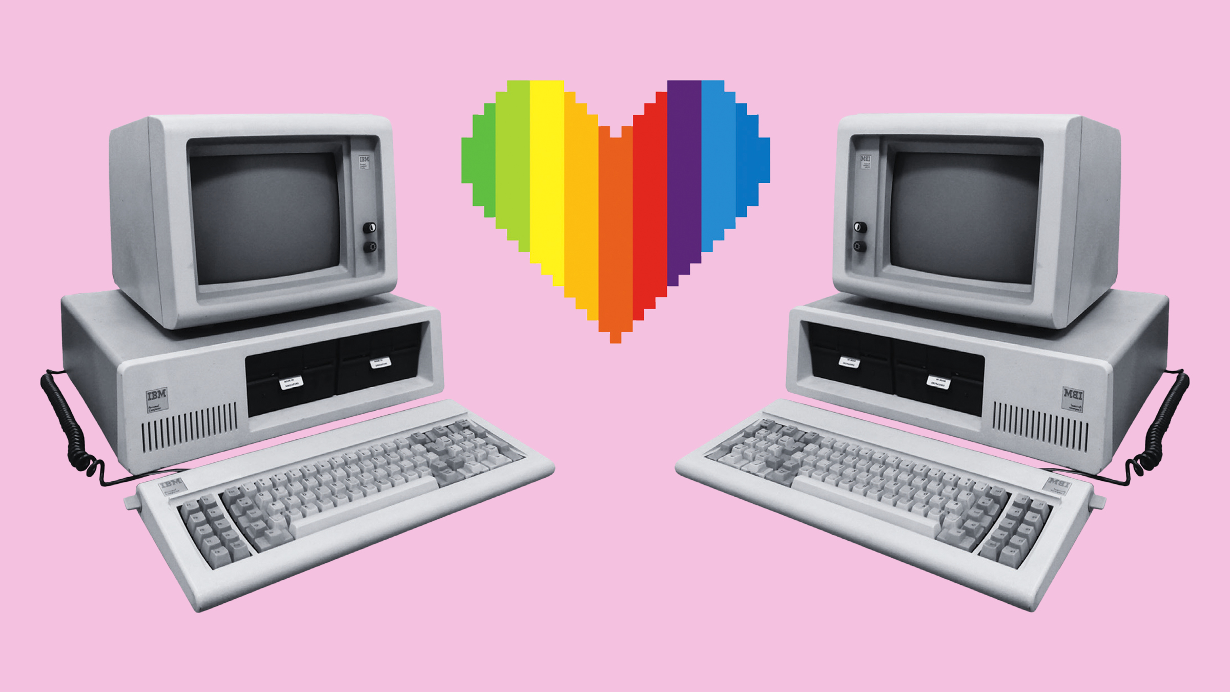 Historic IBM PC adjacent to a pixelated rainbow heart.