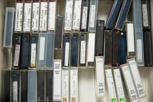 A box full of oral histories on tape in a box at MOHAI.