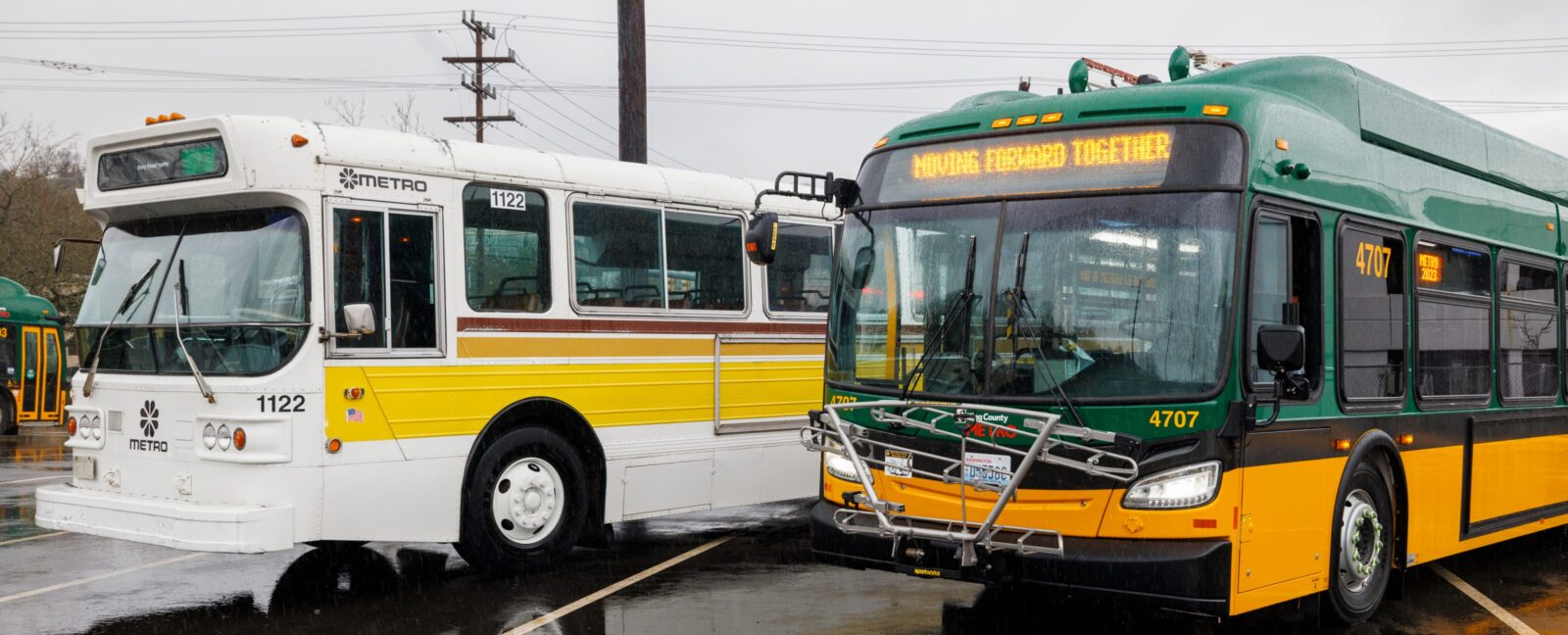 Two King Country Metro buses (one white and yellow